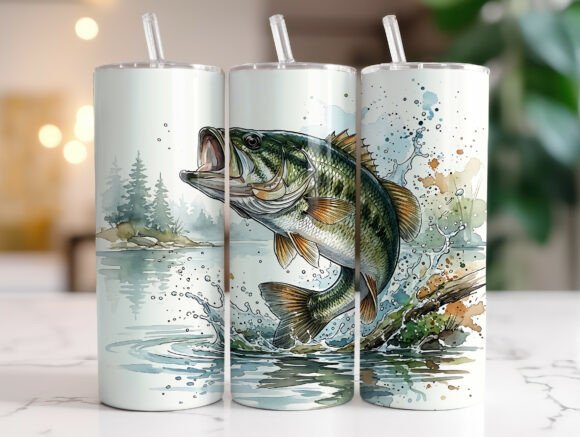 Bass Fishing Watercolor 20oz Tumbler PNG