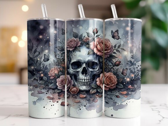 Gothic Floral Skull Rose Tumbler Wrap